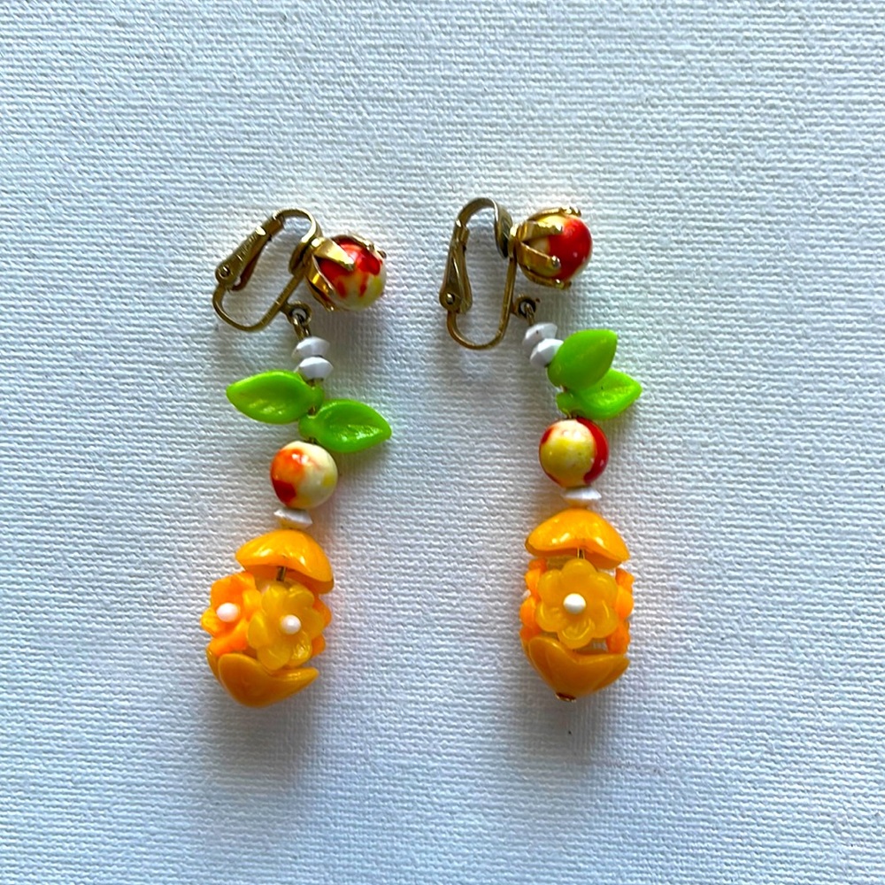 Vintage Plastic Celluloid Lucite Fruid Salad Clip On Earrings Hong Kong